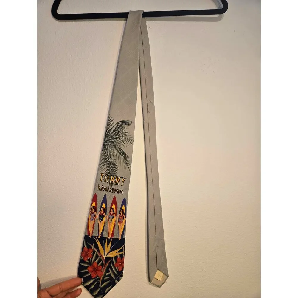 Tommy Bahama 100% Silk Necktie. Tropical Pinup girls and Surfboards